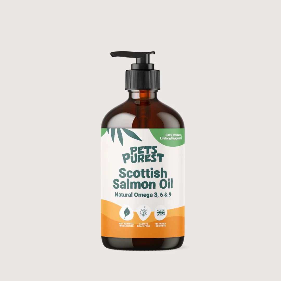 Pump bottle of Scottish salmon oil supplement for dogs